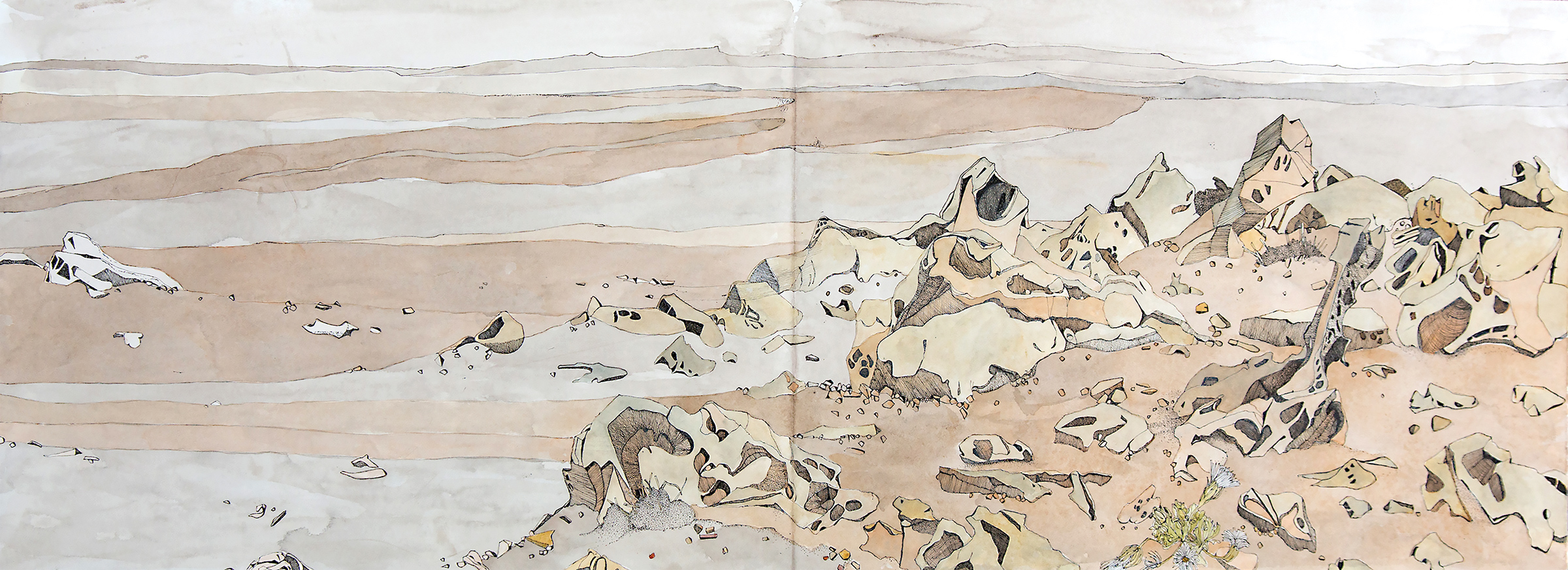 Abc Bay, watercolour ink drawing,​ Concertina Book, 45 X 114cm