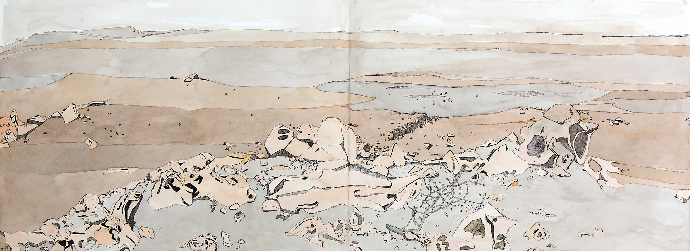 Abc Bay, watercolour ink drawing,​ Concertina Book, 45 X 114cm