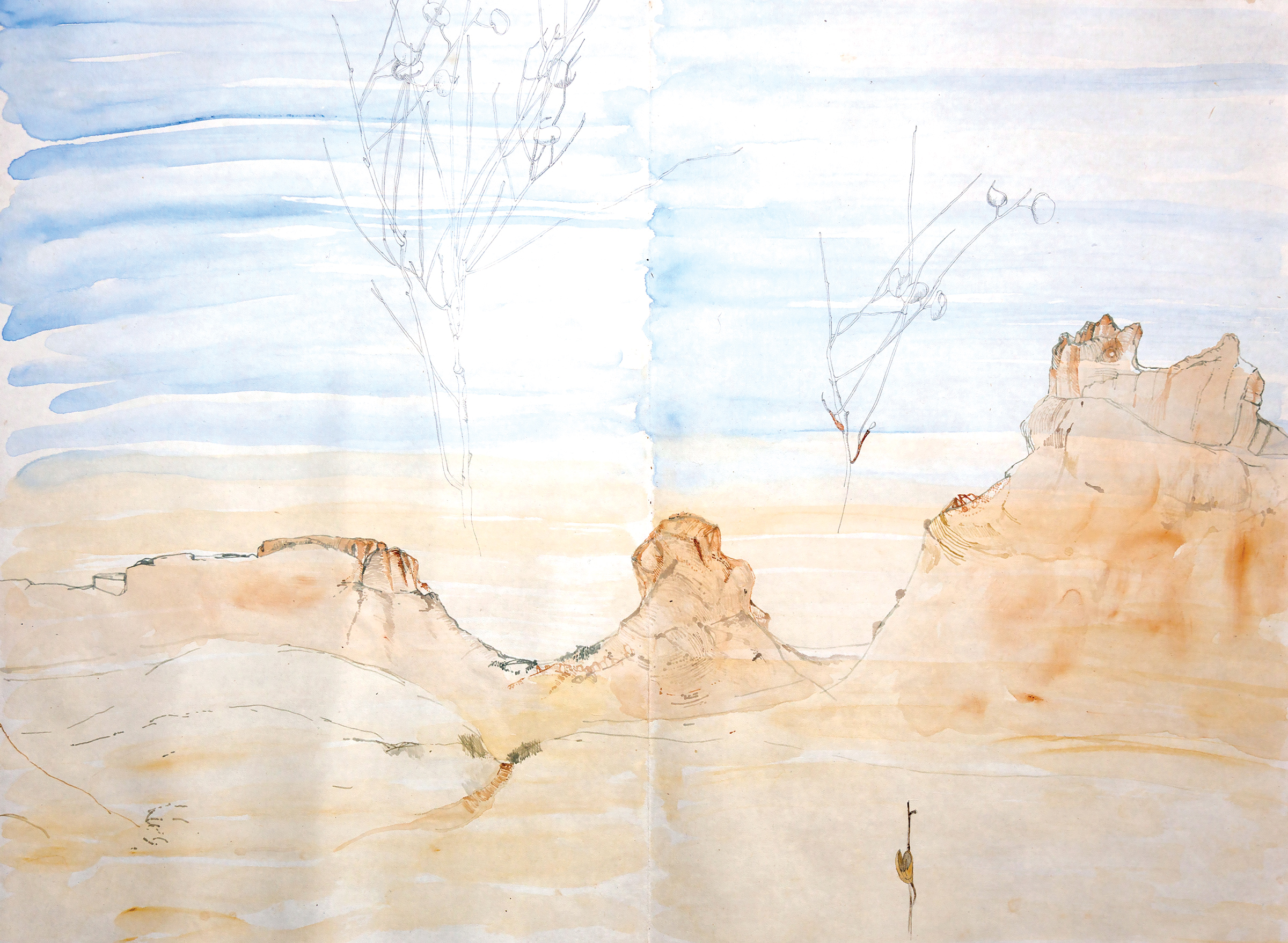 Chambers Pillar, watercolour, pencil drawing, Concertina Book, 45 X 62cm