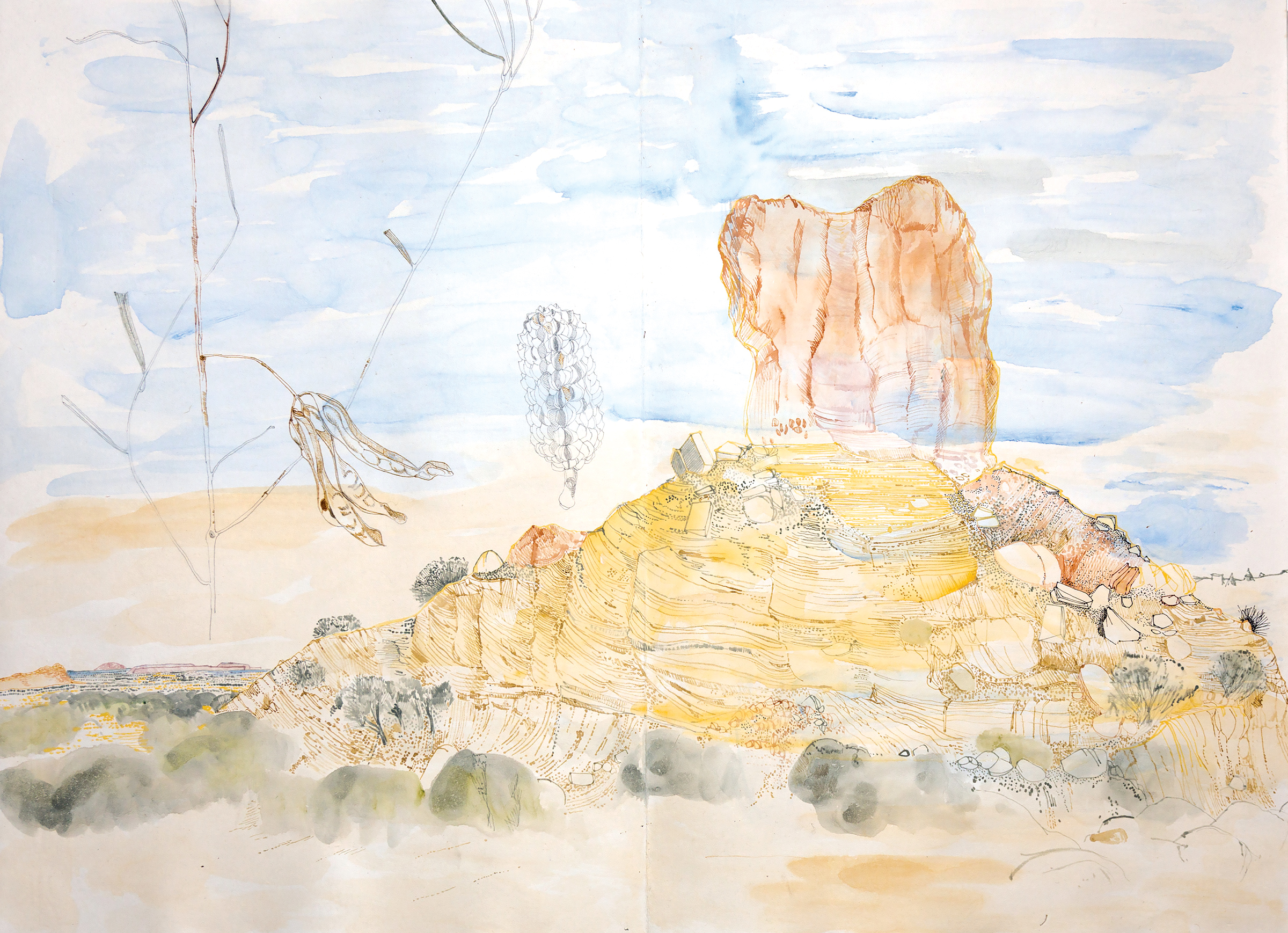 Chambers Pillar, watercolour, pencil drawing, Concertina Book, 45 X 62cm