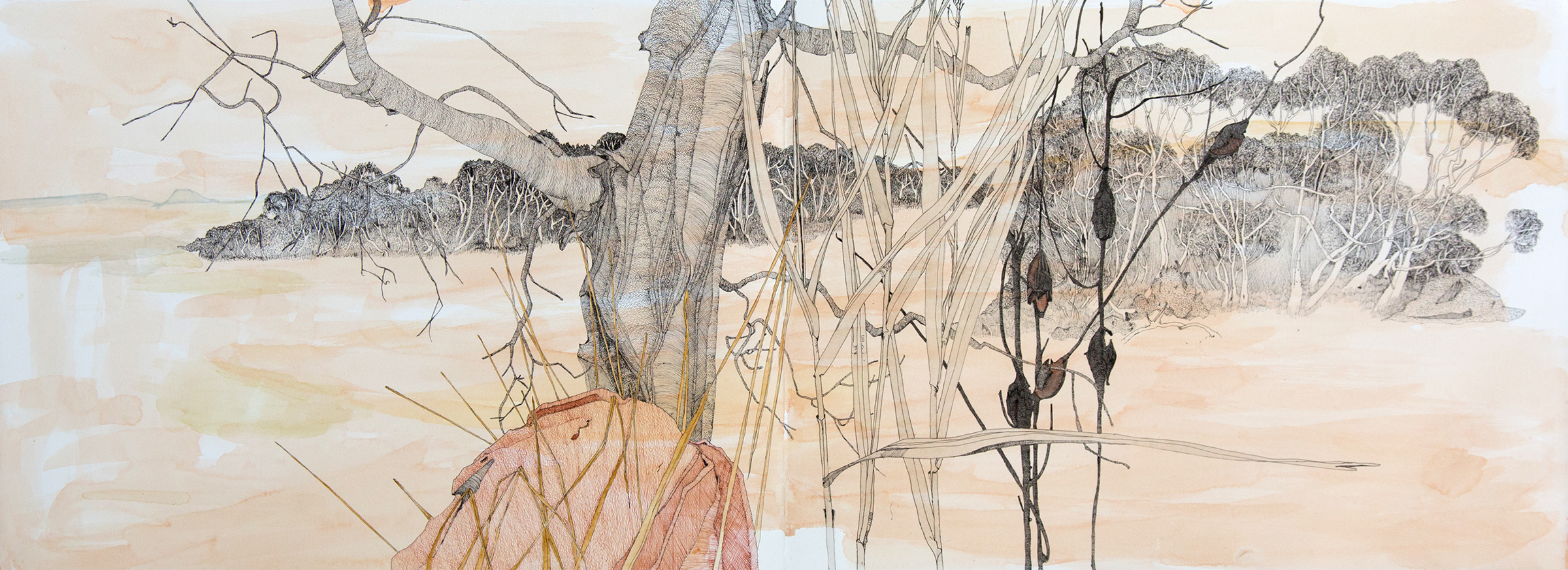 Oodnadatta Track, ink drawing with some watercolour, Concertina Book, 45 X 114cm