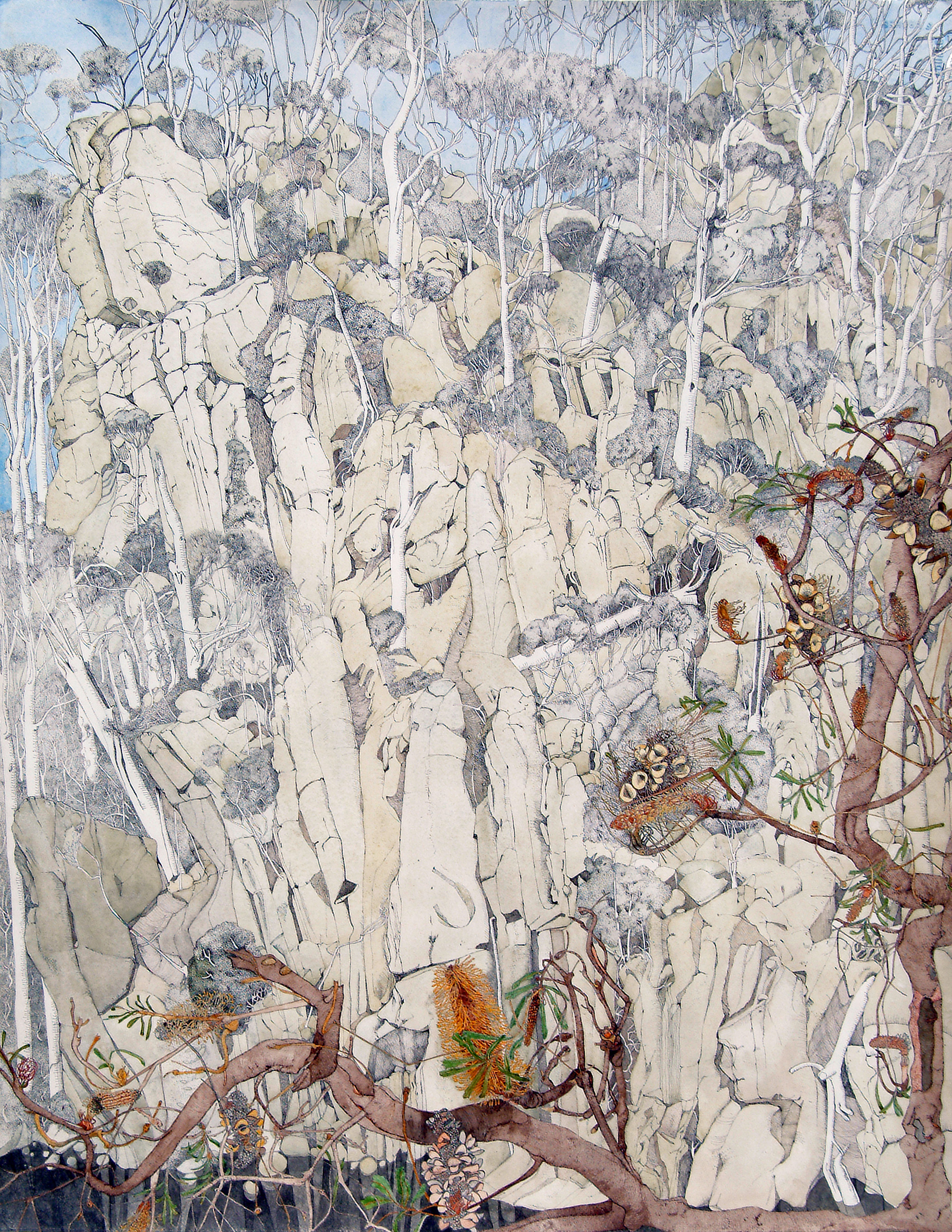 Following The Mersey 2 Tasmania 2004 Watercolour With Ink Triptych 60 X 185Cm