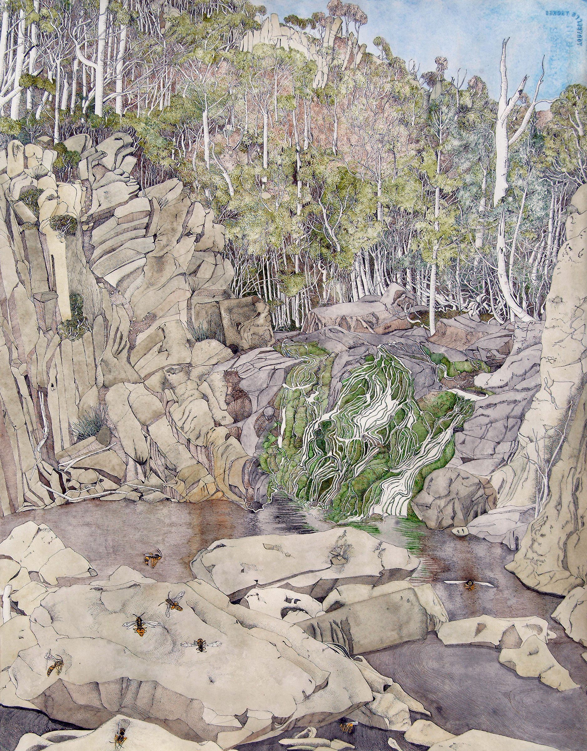Following the Mersey 3, Tasmania 2004, Watercolour with ink, Triptych, 60 x 185cm