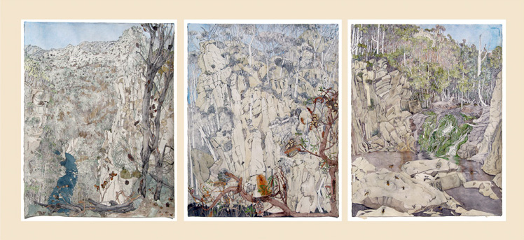 Following The Mersey Tasmania 2004 Watercolour With Ink Triptych 60 X 185Cm