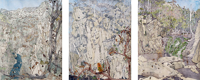 Following the Mersey, Tasmania 2004, Watercolour with ink, Triptych, 60 x 185cm