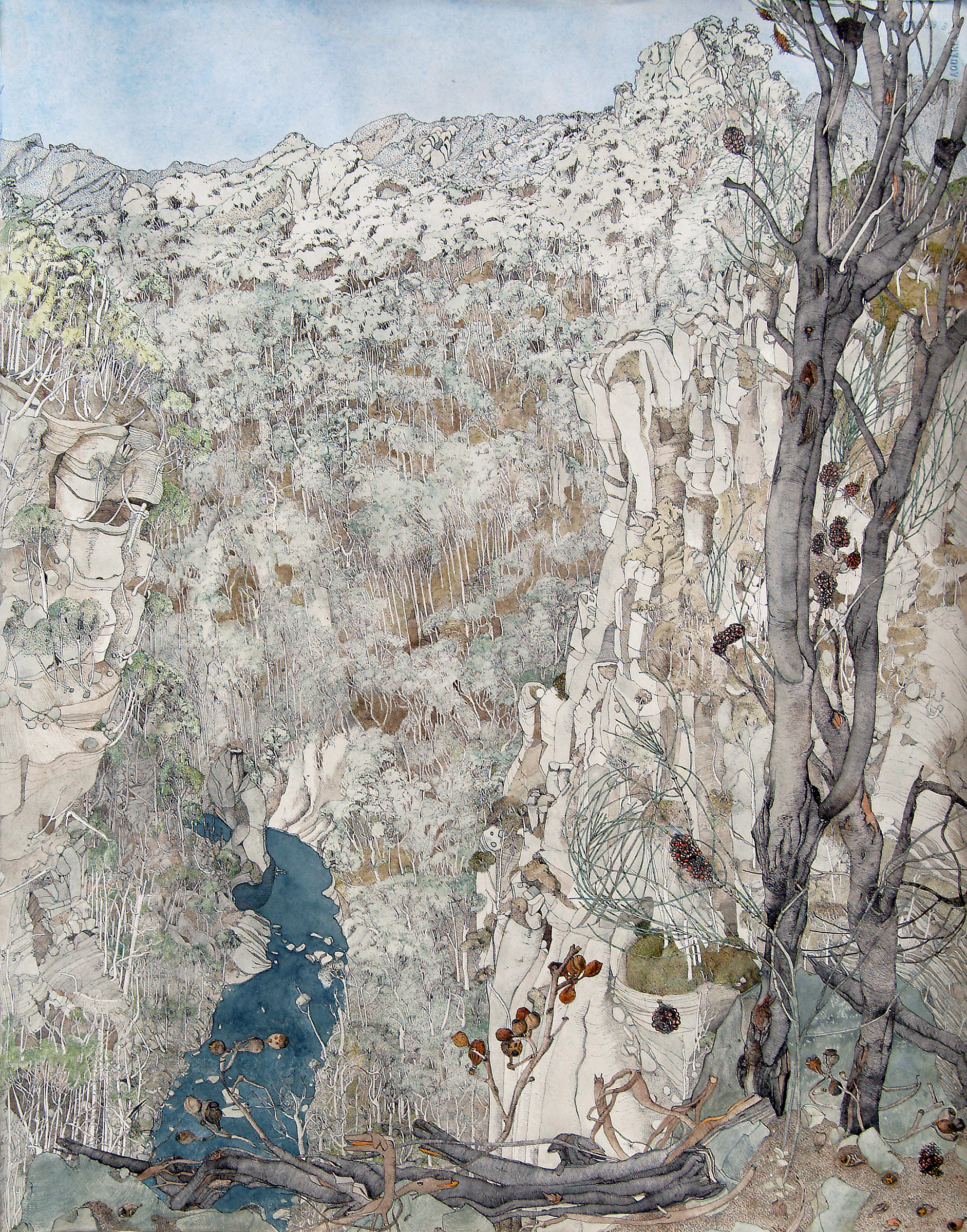 Following the Mersey, Tasmania 2004, Watercolour with ink, Triptych, 60 x 185cm