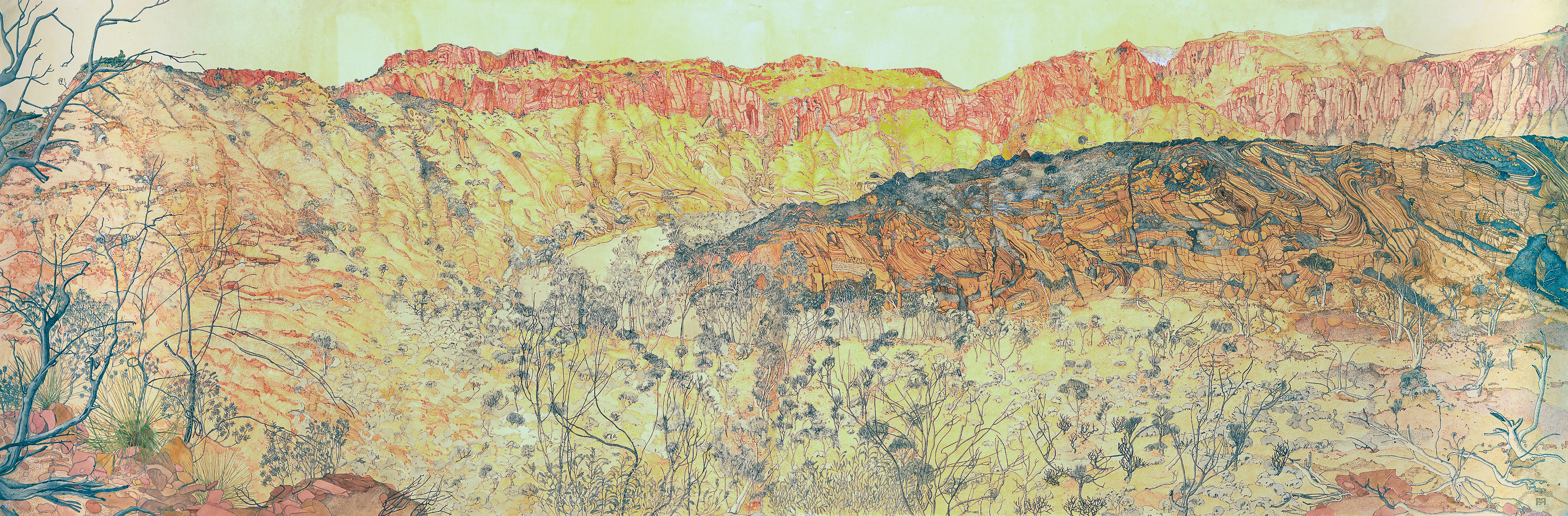 Ruby Gap Landscape (August Expedition), watercolour ink drawing, 95 X 229cm