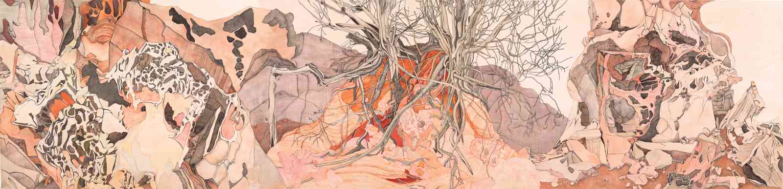 Rainbow Valley Landscape Plants, watercolour ink drawing, 57 X 226cm